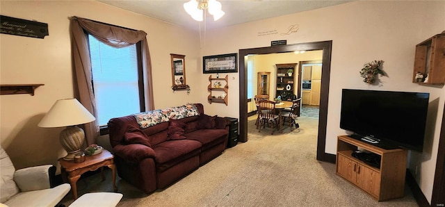 living room featuring light carpet