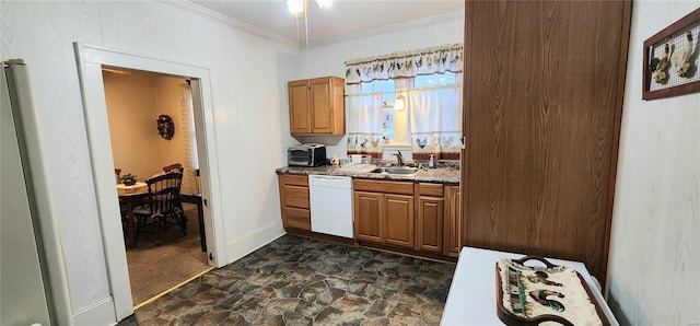 kitchen featuring dark carpet, ornamental molding, white dishwasher, sink, and hanging light fixtures