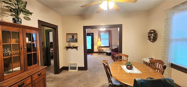 carpeted dining area featuring ceiling fan, a healthy amount of sunlight, and a textured ceiling