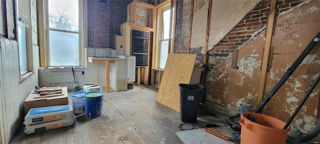 miscellaneous room with hardwood / wood-style floors, a healthy amount of sunlight, and brick wall