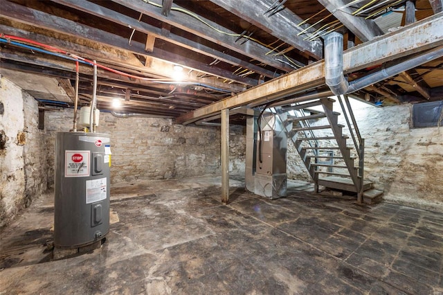 basement with heating unit and water heater