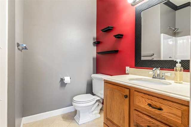 bathroom with walk in shower, tile patterned floors, toilet, decorative backsplash, and vanity