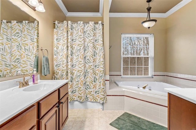 bathroom with vanity, tiled bath, and crown molding