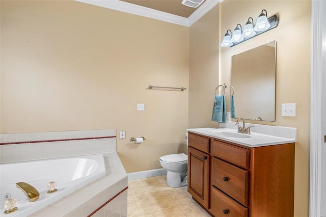 bathroom with tiled tub, vanity, ornamental molding, and toilet