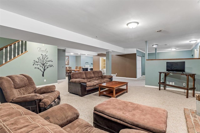 living room featuring light colored carpet