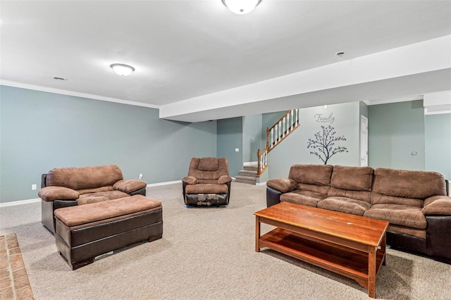 living room with light colored carpet and ornamental molding