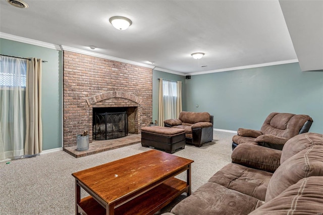 living room with carpet flooring, crown molding, and a fireplace