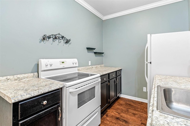 kitchen featuring sink, dark hardwood / wood-style flooring, ornamental molding, and white electric range