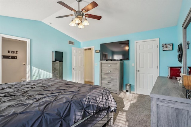 bedroom with ceiling fan, carpet, and lofted ceiling