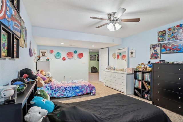 carpeted bedroom featuring ceiling fan