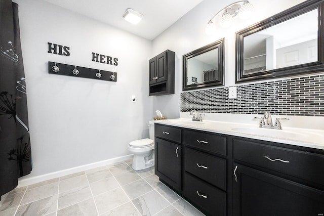 bathroom featuring toilet, decorative backsplash, and vanity