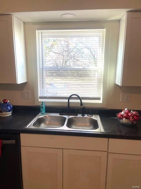 kitchen with black dishwasher, sink, and white cabinets