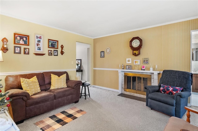 carpeted living room featuring crown molding