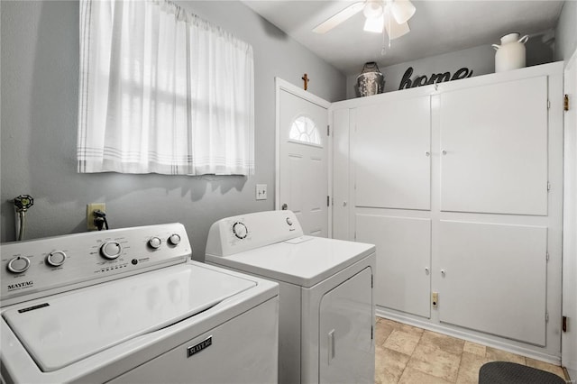 laundry room with washer and clothes dryer, ceiling fan, and cabinets