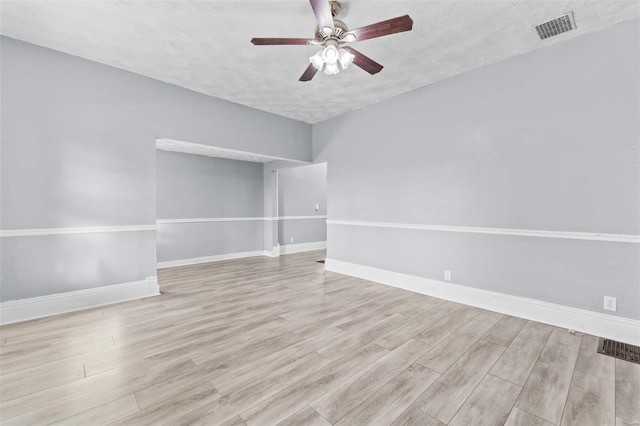 unfurnished room featuring ceiling fan, a textured ceiling, and light hardwood / wood-style flooring