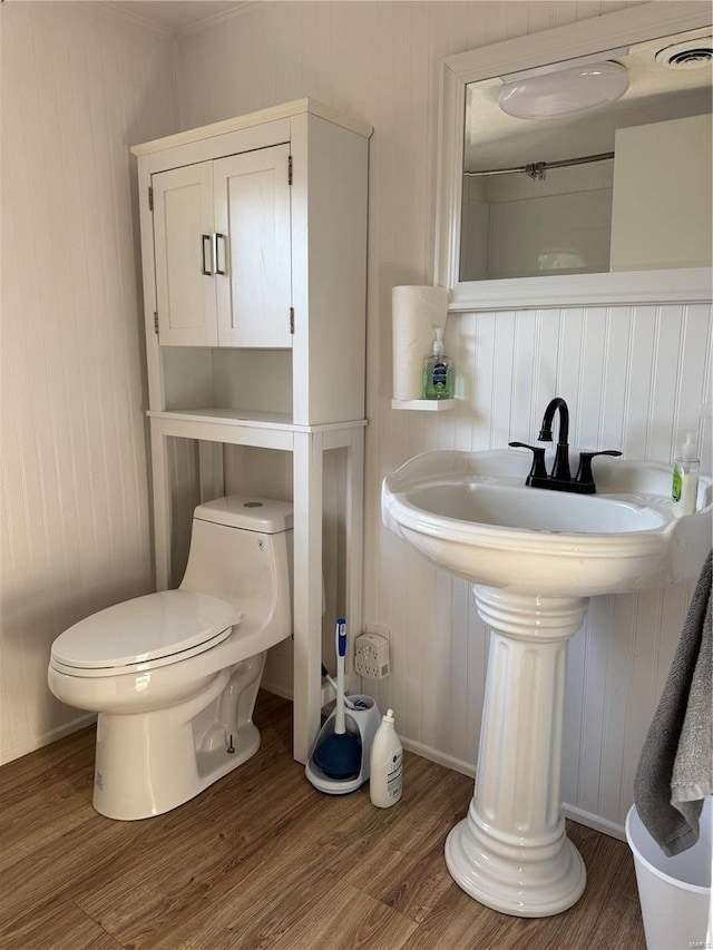 bathroom with sink, toilet, and hardwood / wood-style flooring