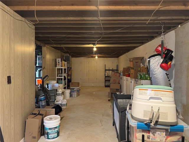 basement featuring wood walls