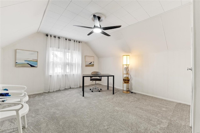 home office with ceiling fan, lofted ceiling, and light carpet