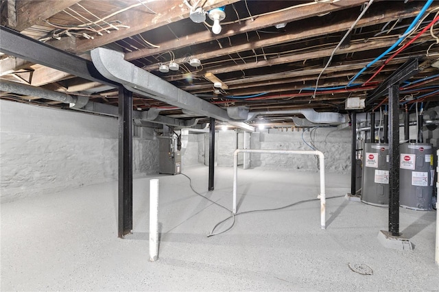 basement with heating unit and water heater