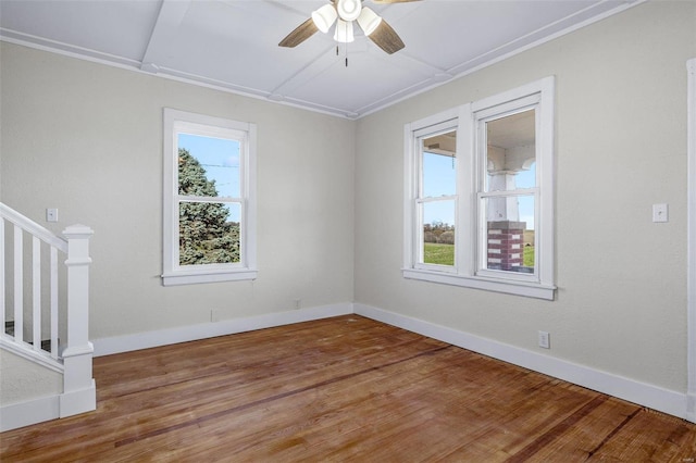 unfurnished room featuring hardwood / wood-style flooring, ceiling fan, and a healthy amount of sunlight