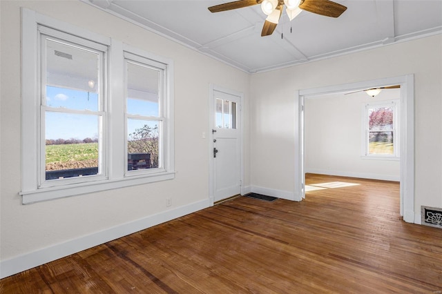 entrance foyer with ceiling fan and hardwood / wood-style flooring