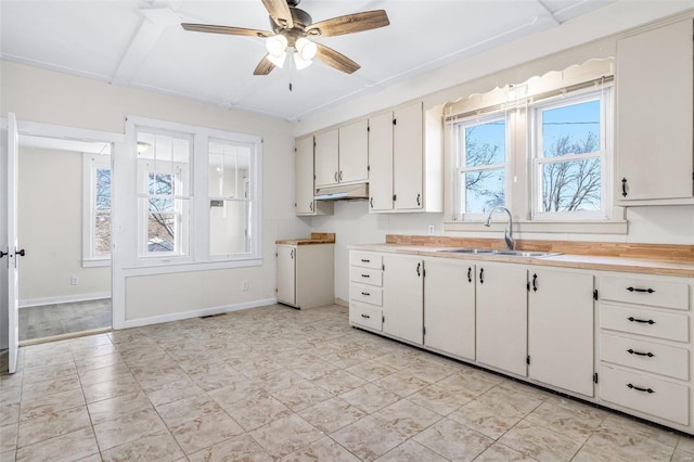 kitchen featuring white cabinets, ceiling fan, and sink