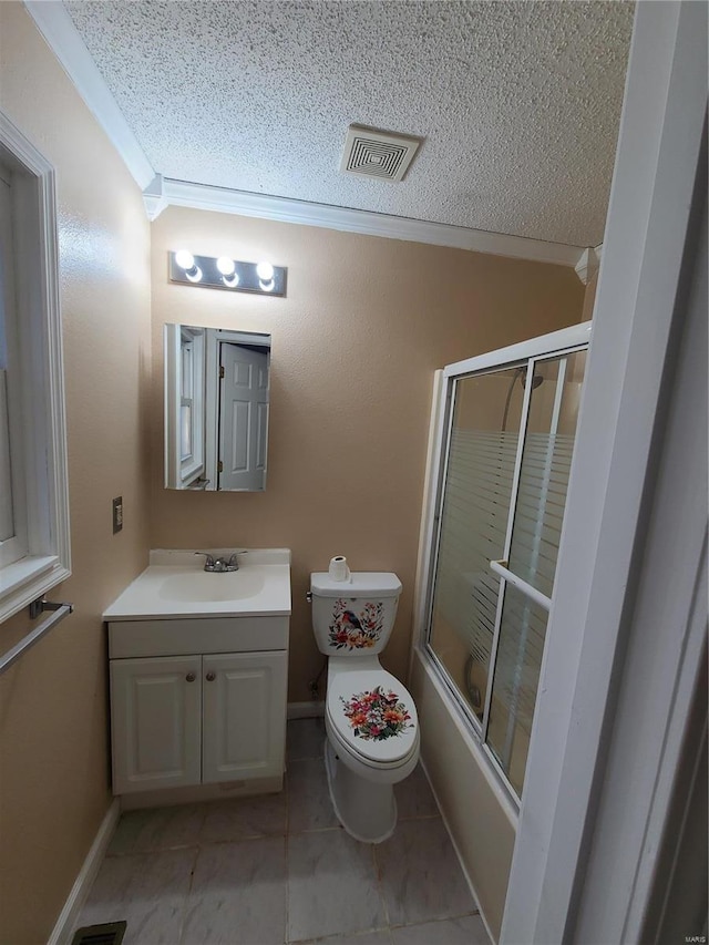 full bathroom featuring vanity, toilet, ornamental molding, a textured ceiling, and enclosed tub / shower combo