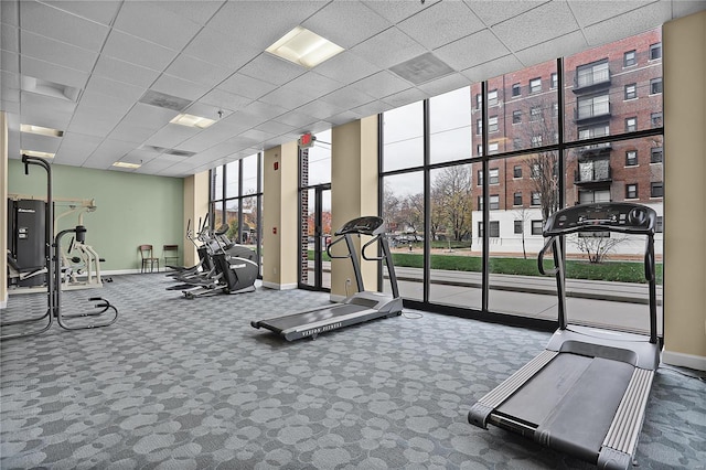 workout area with carpet flooring and a paneled ceiling