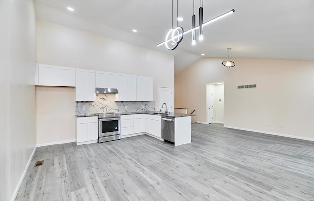 kitchen with stainless steel appliances, white cabinetry, sink, and hanging light fixtures