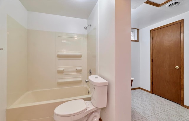 bathroom with baseboards, visible vents, toilet, tile patterned floors, and shower / bathtub combination