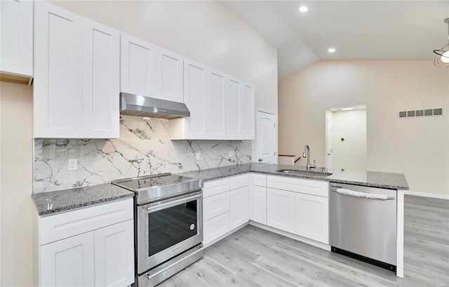 kitchen featuring wall chimney exhaust hood, appliances with stainless steel finishes, a sink, and white cabinetry