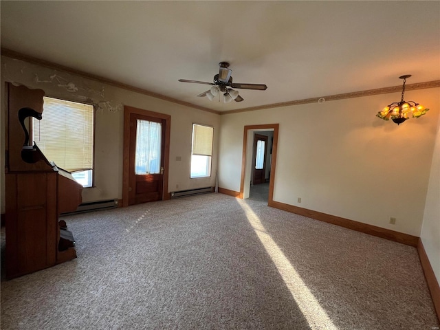 unfurnished living room featuring carpet, ornamental molding, ceiling fan with notable chandelier, and a baseboard heating unit