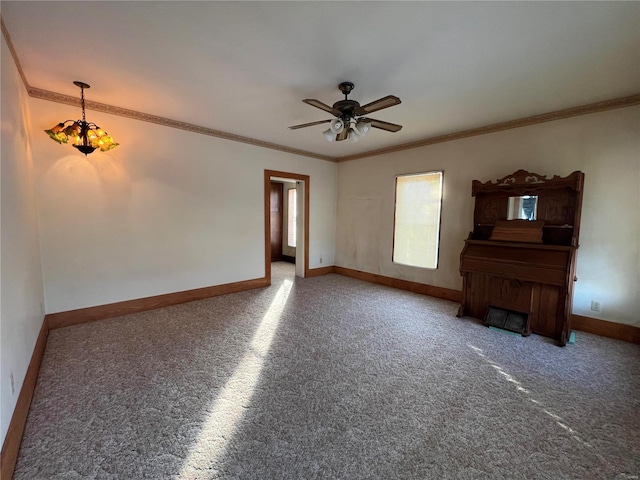 interior space with ceiling fan with notable chandelier and ornamental molding