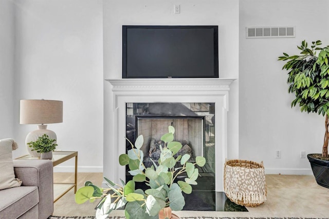 room details with carpet floors and a premium fireplace