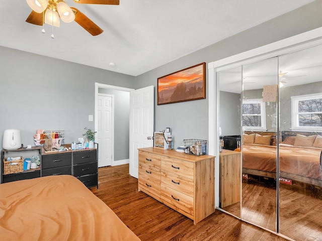 bedroom featuring ceiling fan, dark hardwood / wood-style flooring, and a closet