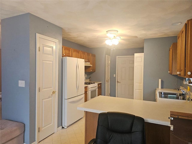 kitchen with kitchen peninsula, white appliances, ceiling fan, and sink