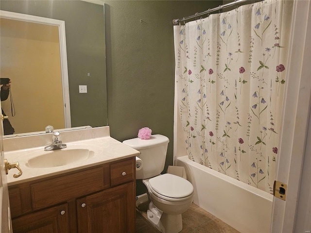 full bathroom featuring vanity, shower / bath combination with curtain, and toilet