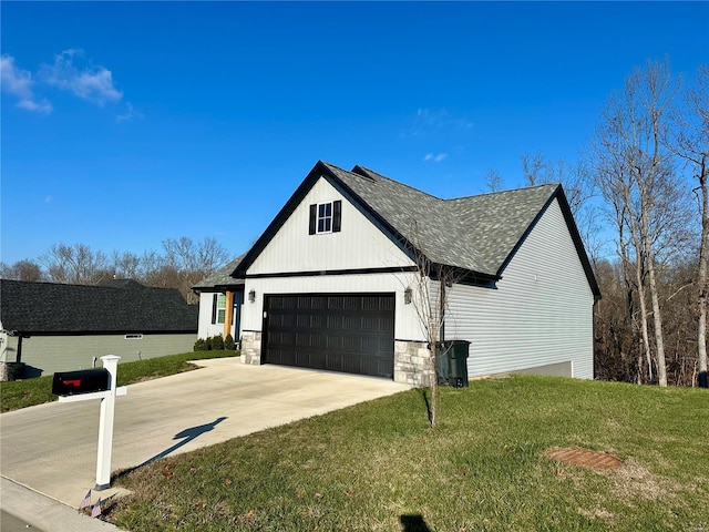 exterior space with a garage and a yard