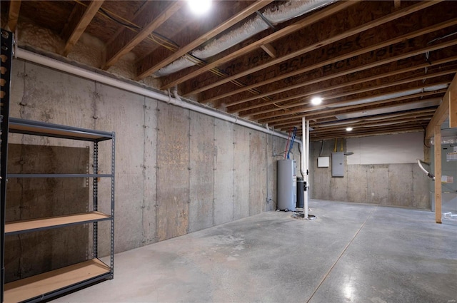 basement with electric panel and water heater