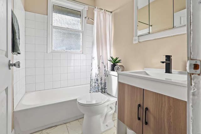 full bathroom featuring vanity, shower / bath combination with curtain, and toilet