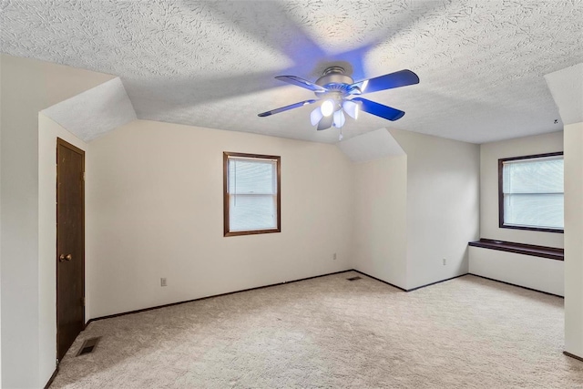 additional living space featuring light carpet, a textured ceiling, and a wealth of natural light