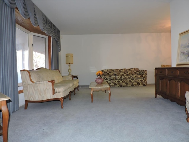 sitting room featuring light carpet