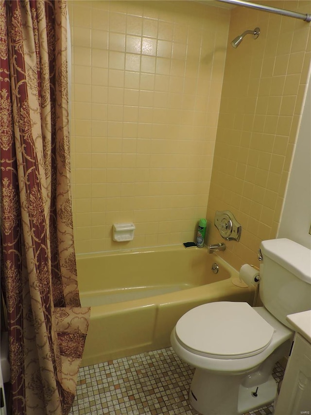 full bathroom with toilet, vanity, tile patterned floors, and shower / bathtub combination with curtain