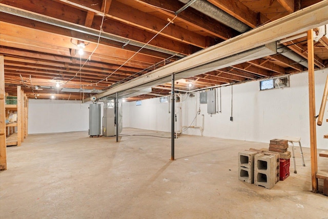 basement with electric panel and water heater