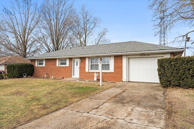 ranch-style house with a garage and a front yard