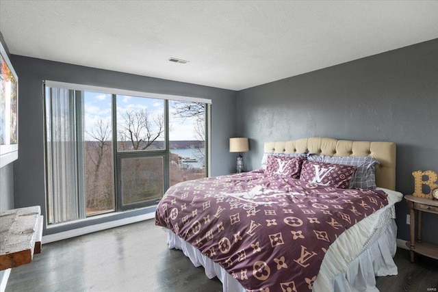 bedroom featuring dark hardwood / wood-style floors, a water view, and a textured ceiling