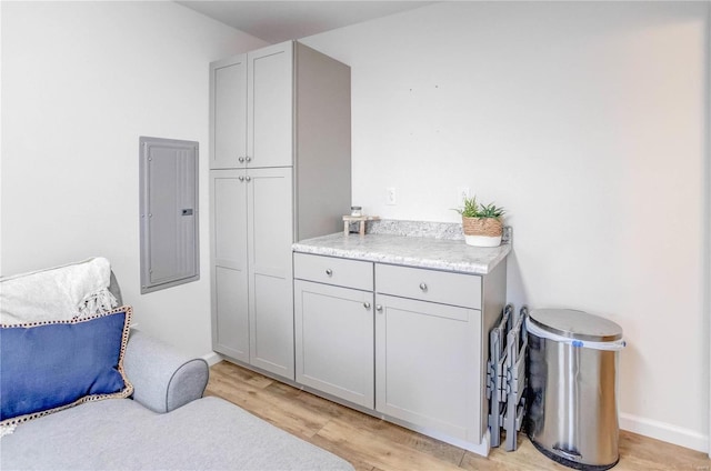 interior space with electric panel and hardwood / wood-style flooring