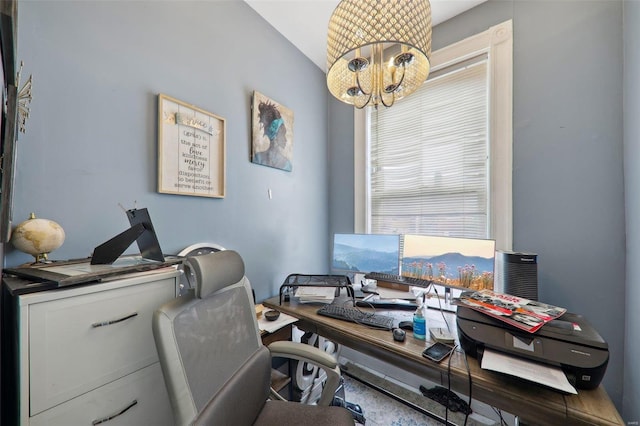 office space featuring a notable chandelier