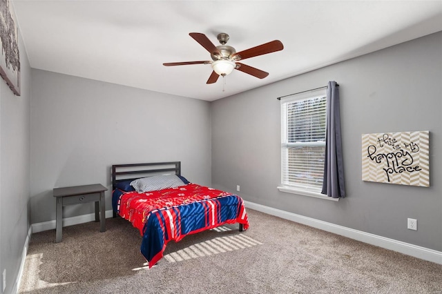 bedroom with ceiling fan and carpet