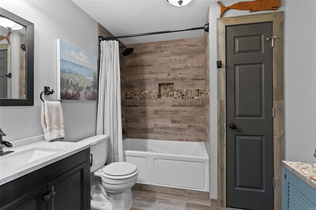 full bathroom with toilet, vanity, wood-type flooring, and shower / bath combo with shower curtain